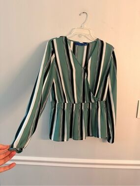 Apt. 9 Green, White and Black Striped Wrap Peplum Blouse